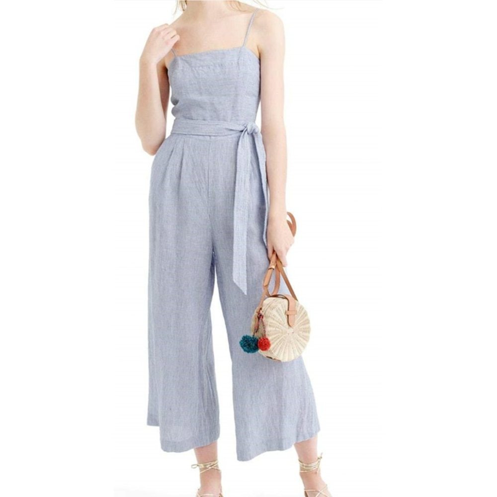 J. Crew Petite Linen Striped Jumpsuit Sleeveless Wide Leg Pinstripe Blue White 2 - Picture 2 of 7